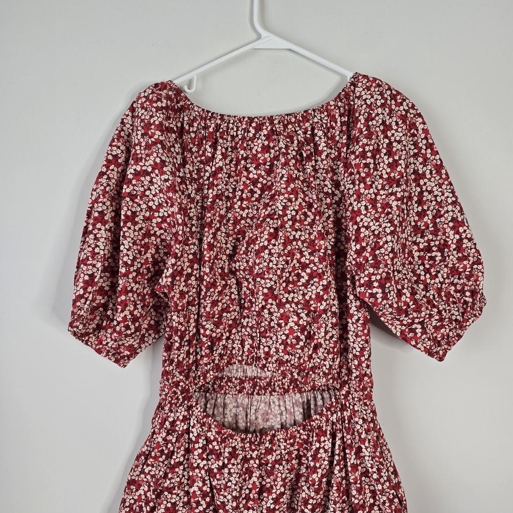Apiece Apart Nova Red Floral Midi Dress M Organic Cotton Cut Out Back Pockets - Picture 10 of 16